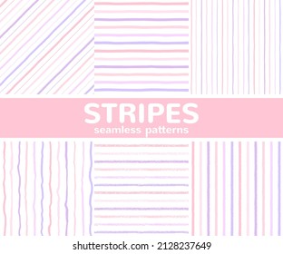 Soft pink, lilac hand drawn striped seamless repeat vector patterns set. Brush, pastel or chalk drawn bars. Uneven doodle stripes, wavy streaks, waves backgrounds. Deformed, textured, rough edges.