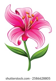 Soft pink lily flower with smooth petals and leaves, perfect for elegant floral designs. Vector cartoon illustration