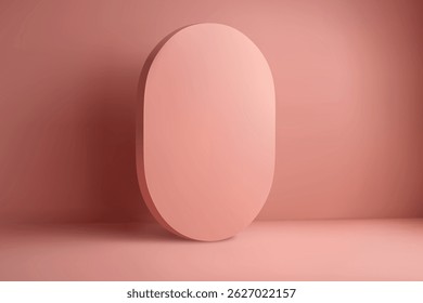 Studio minimaliste rose doux avec monolithe ovale et ombres lumineuses diffuses