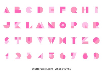 Weich rosa modulares Alphabet und Zahlenschrift mit Farbverlauf-geometrischer Schrift, Vektorgrafik