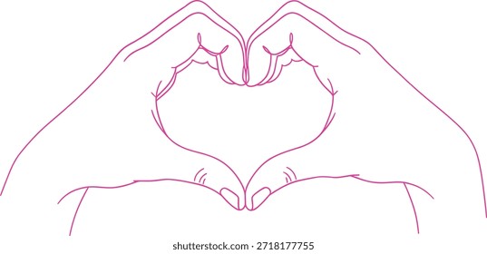 Desenho de contorno rosa suave de duas mãos formando um símbolo de coração expressar amor e afeto