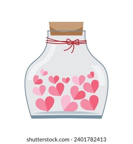 Soft pink papercut in heart shape in glass bottle. Vector illustration for Valentine's Day gift concept