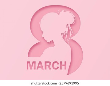 A soft pink papercut illustration featuring a stylish woman inside number 8. Ideal for Women’s Day greetings and empowerment messages.