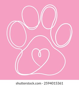 Soft Pink Paw Print with Heart Line Vector