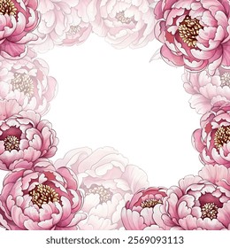 Soft pink peonies create a beautiful frame, inviting artistic inspiration in a peaceful and serene environment during spring template, background, frame