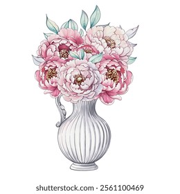 Soft pink peonies elegantly arranged in a graceful vase, showcasing the beauty of spring through delicate watercolor artistry