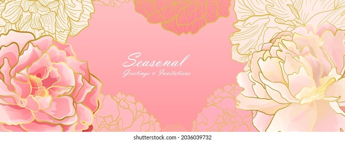 Soft pink peony header banner with colden line in an Asian gentle color palette. Botanical decor for printing and web ans social networks