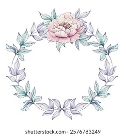 Soft pink peony surrounded by graceful green leaves creates a calming and elegant floral wreath, perfect for various artistic uses template, background, frame