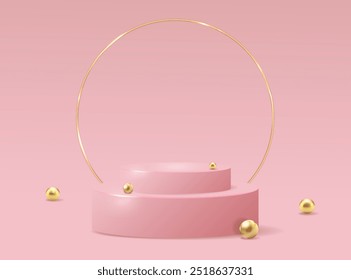 Plataforma de podio rosa suave con anillo de oro liso en estilo realista 3D. Diseño elegante con esferas de oro, crea un escaparate de lujo. Ideal para productos premium, estética minimalista, marketing. Vector