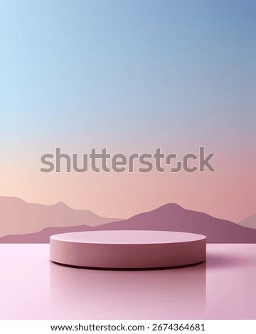 soft pink podium stands on a reflective surface with layered mountains in purple and pink under a gentle blue and orange sky creating a dreamy landscape, product display or branding mockup