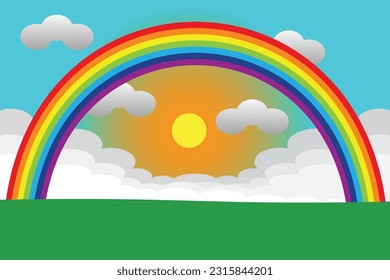 Soft pink and purple sky background with rainbow, clouds, stars and butterflies. Minimal backdrop in layered paper art style with copy space. Baby nursery, kids' room decor. Vector Illustration.