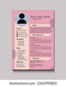 A soft pink resume template featuring clearly defined sections for profile, work experience, skills, and education. Ideal for professionals seeking a stylish and modern look.