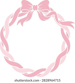 Soft pink ribbon wreath with bow isolated on white background for birthday or baby shower decoration