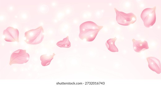 Soft pink rose petals with glowing light effects. Romantic floral background for wedding design, beauty branding and love concepts