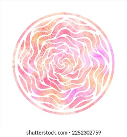 Weich rosa, rosarote, rund um die Radial gezeichnete Mosaikwasserfarbe, Blumenkreisform. Wavy, schweißende Streifen Aquarellmuster. Grafikdesign-Element, Rahmenvorlage. Frauentag-Hintergrund