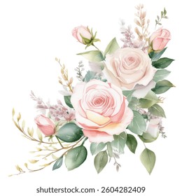 Soft pink roses and delicate greenery, perfect for wedding invitations and romantic cards.. Watercolor bouquet of pastel roses and leaves, ideal for elegant invitations and love cards