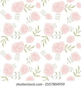 Soft pink roses and green leafy pattern on a white background.