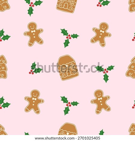 Soft pink seamless Christmas pattern with gingerbread man, house, tree cookies and holly leaves with berries. Perfect for wrapping paper, gift packaging, winter decor and textile.