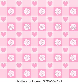 Soft pink seamless pattern with hearts and floral icons. Perfect for Valentine’s Day, cute packaging, textiles, and charming backgrounds.