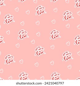 Soft pink seamless pattern with "More More Love" lettering and hearts. Valentine's Day. Place for text, for congratulations, advertising, discounts. 
