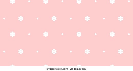 Soft pink seamless pattern with polka dots and flower for gift wrapping, fabric print, background or your design. Sample in samples.