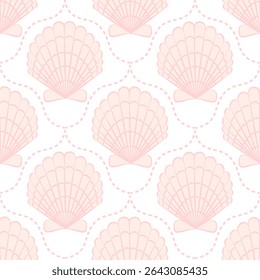 Soft pink seamless pattern with scallop shells and dotted lines. Elegant and simple design for feminine, beach, or summer themes.