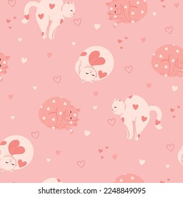 Soft pink seamless pattern with valentine's day cats. Vector graphics.