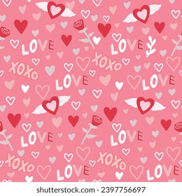 
Soft pink seamless pattern for Valentine's Day with hearts and love and xoxo lettering ,great for background , wrapping paper and packaging , Vector graphics.
