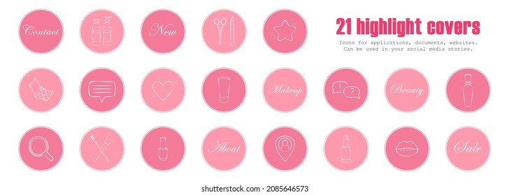 Soft pink set of social networks highlight covers. Vector social media sketch icons for stories highlights. Makeup, cosmetology, spa, cosmetic items. Fashion web buttons for beauty blogs.
