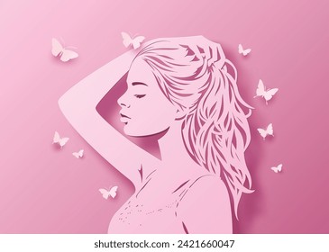  Soft pink silhouette of woman with long hair and butterflies, symbolizing grace and femininity.