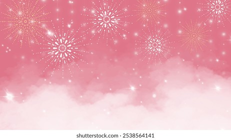 Soft pink sky with fireworks bursting above gentle clouds, creating a dreamy, festive background ideal for celebrations, holidays, and romantic events.