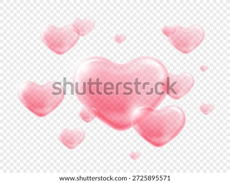 Soft pink soap bubbles shaped like hearts floating on transparent background. Romantic airy elements for Valentine designs, love concepts, cards, overlays, and festive decorations.