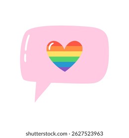 Soft pink speech bubble with rainbow heart inside. Hand drawn vector illustration.