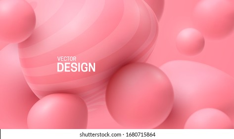 Soft pink spheres. Bubble gum smooth shapes backdrop. Vector 3d illustration. Abstract sweet background. Minimal poster design. Dynamic particles. Colorful bubbles. Fashion banner template