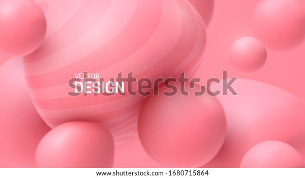 Soft pink spheres. Bubble gum smooth shapes backdrop. Vector 3d illustration. Abstract sweet background. Minimal poster design. Dynamic particles. Colorful bubbles. Fashion banner template