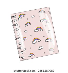 Soft pink spiral notebook with bright cheerful rainbows, drawn in doodle style on white background, time for school, hello from school, September 1, Knowledge Day. School spiral notebook