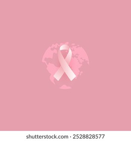 Soft pink square background. Breast cancer control theme concept. Silhouette of the globe and a light pink satin ribbon. Breast Cancer Awareness Month. October.