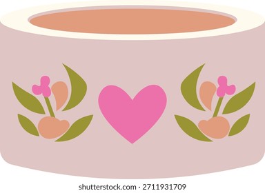 Un diseño de cinta rosa suave con un corazón central con hojas verdes y acentos florales, ideal para manualidades, empaques, diarios y proyectos de decoración creativa romántica.