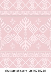 Soft Pink Thai Pixel Seamless Pattern. Minimal Folk Floral Design. A gentle blend of tradition and modern aesthetics, ideal for fabric design, wedding prints, and feminine branding.