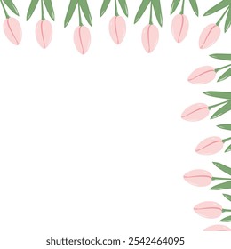 Soft pink Tulips Top Corner frame border Springtime or Womens Day greeting card design Template