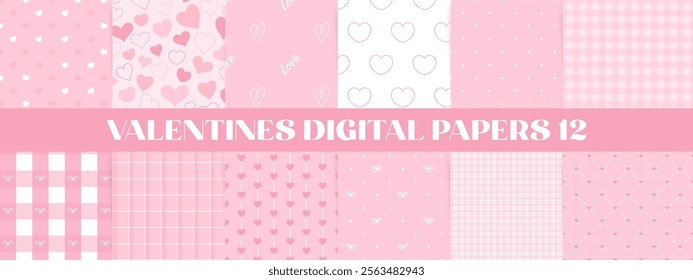 Soft pink Valentines day seamless patterns collection. Romantic heart motifs, bows, and plaid backgrounds. Perfect digital papers for love themed designs.