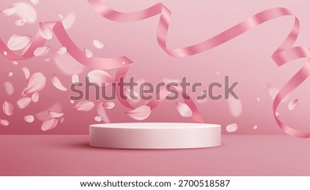 A soft pink vector illustration featuring petals, ribbons, and a round podium background for celebration romance and festive events