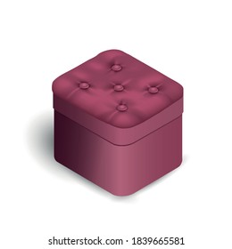 Soft, pink velvet ottoman. Vector isolated illustration in isometric style. Stool, piece of furniture. furniture.