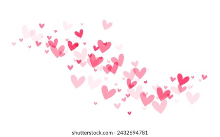 Soft pink to vibrant red hearts scatter diagonally across a white background, conveying love and affection.