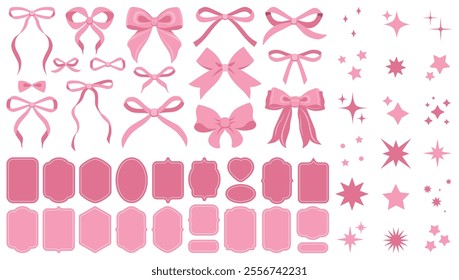 Soft pink vintage bow set. Bows for decor. Trendy girls accessories. Cute hairstyle elements. Sparkles icons, star shape. Party decoration, gift. Glitter sparkle. Stickers, frames, promo, price, sale