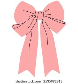 Soft pink vintage bow. Trendy girls accessories. Cute hairstyle element. Simple hand drawn pink ribbon bow. Large retro hand drawn ribbon. Pink bow coquette y2k aesthetic ribbon, elegant accessory