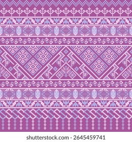 Soft pink and violet pixel design inspired by Thai weaving art, featuring symmetrical diamonds and decorative bands, perfect for prints, packaging, and textiles.