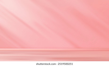 Pared rosa suave bañada en luz del sol caliente con sombras suaves, un fondo minimalista y elegante