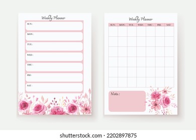 planner semanal de flor de acuarela rosa suave y plantilla de lista de tareas