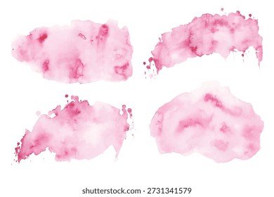 Soft Pink Watercolor Splashes Set. Painted watercolour blot with stains and ink drops, isolated on white background. Vector illustration
